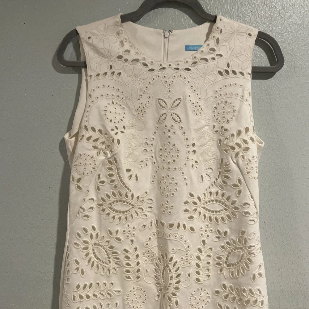 J McLaughlin Classic‎ Ivory Eyelet Embroidered Sleeveless Sheath Dress Sz medium - Picture 2 of 9